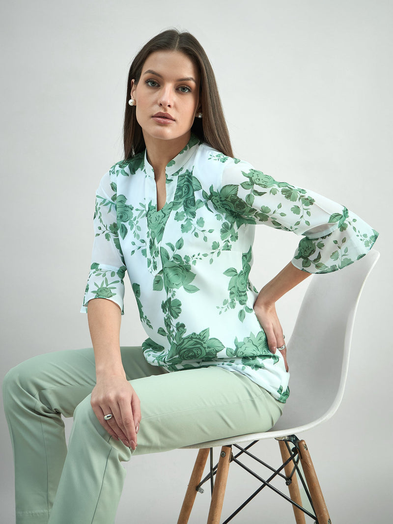 women's floral printed flared sleeve V-neck top