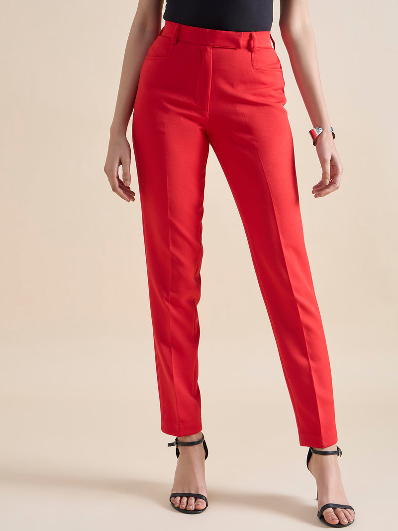 Red slim fit trousers for a stylish, tailored look.