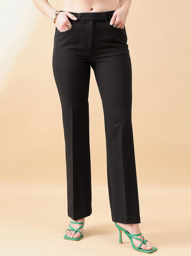 Bell Bottom Mid Waist  Stretch Trouser - BLACK