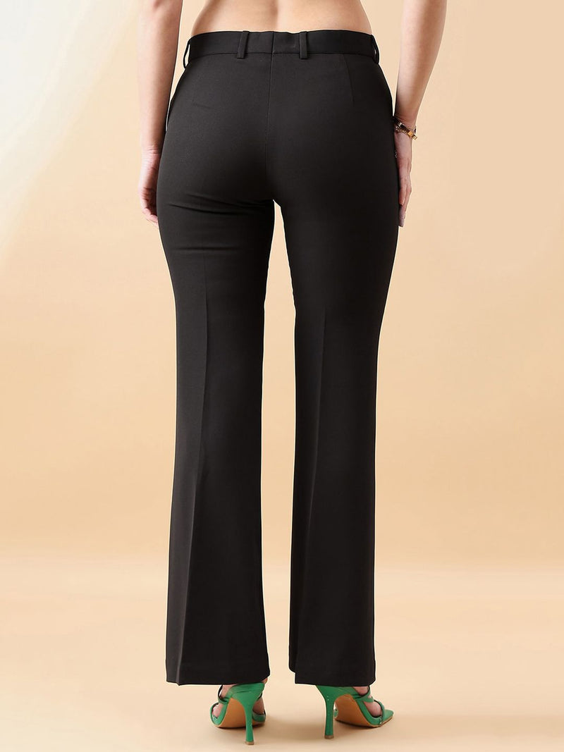 Bell Bottom Mid Waist  Stretch Trouser - BLACK