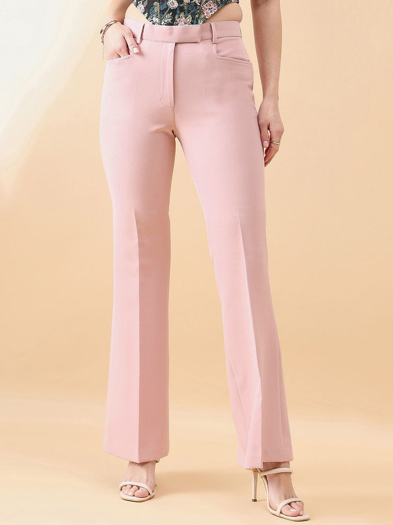 Bell Bottom Mid Waist Stretch Pants- Pink