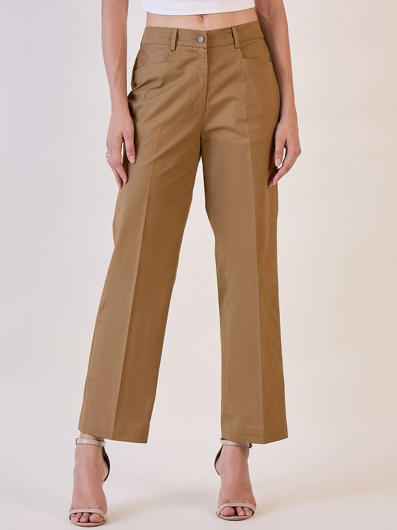 Brown Straight Fit Mid Waist Trouser