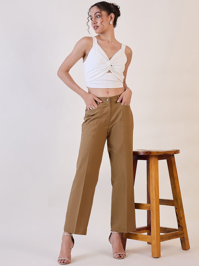 Brown Straight Fit Mid Waist Trouser