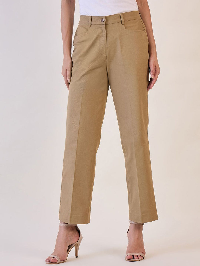 Straight Fit Mid Waist  Trouser - Camel Brown