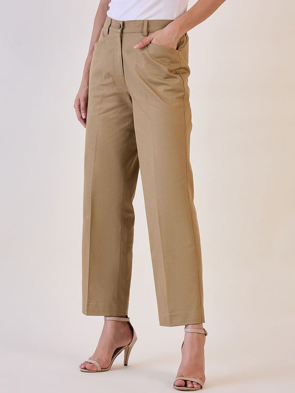 Straight Fit Mid Waist  Trouser - Camel Brown