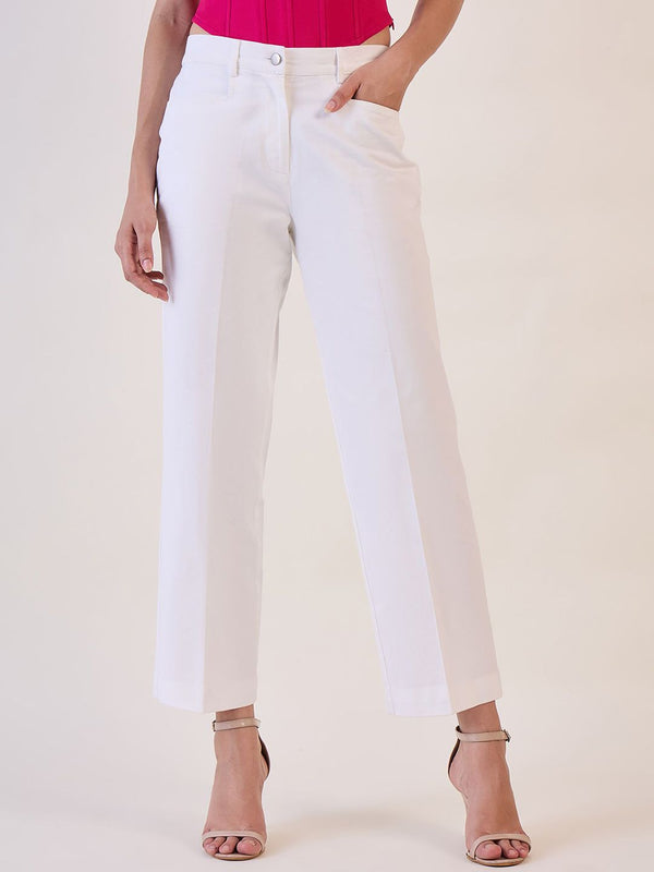 White Straight Fit Mid Waist Trouser