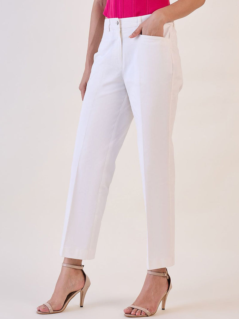 White Straight Fit Mid Waist Trouser