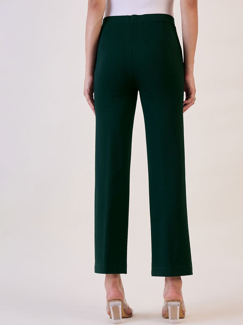 Straight Fit Mid Waist Stretch Trouser -Bottle Green