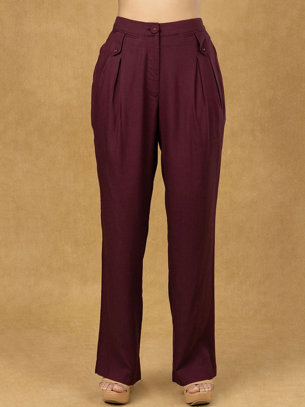 Burgundy Inverted Pleats High Waist  Trouser