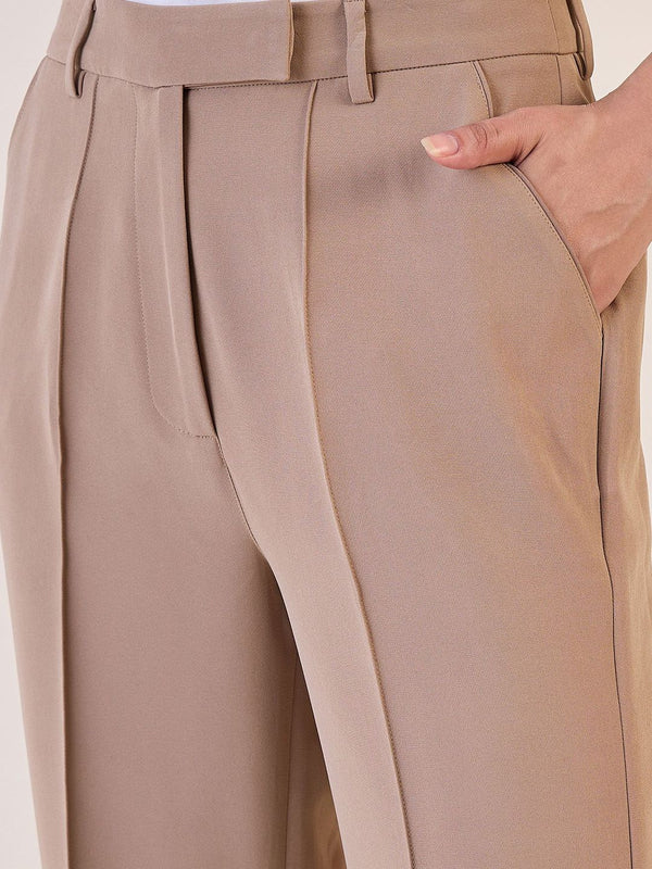 Brown Straight Fit High Waist Pin Tuck Trouser