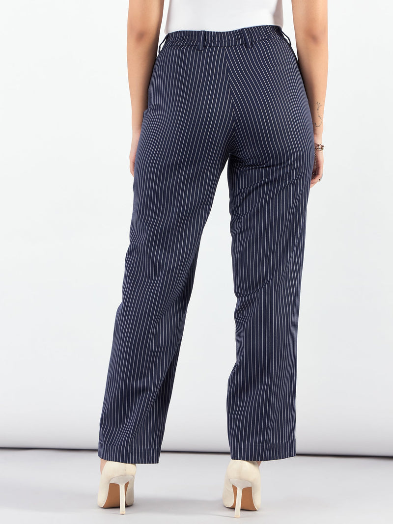 Blue-Striped High Waist Tailored Trousers