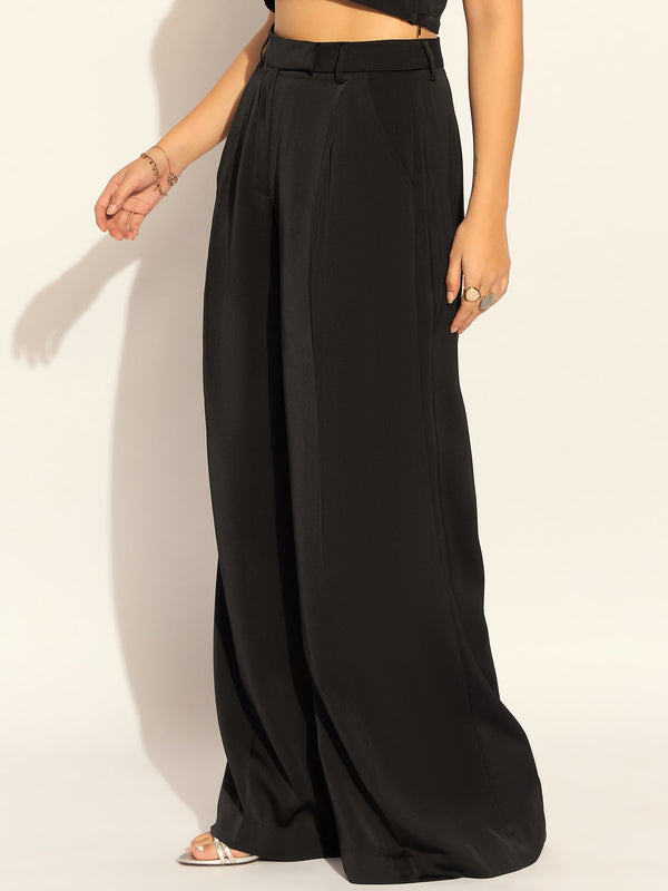 Elegant Black Relaxed Straight Fit Satin High Waist Wide Leg Trouser In Soft Satin