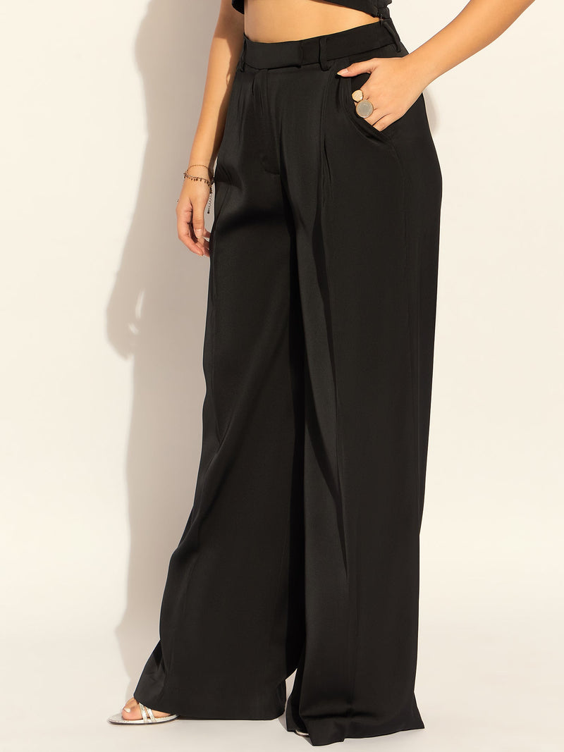 Elegant Black Relaxed Straight Fit Satin High Waist Wide Leg Trouser In Soft Satin