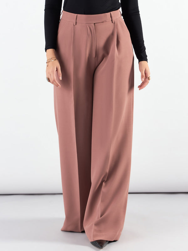 Dusty Peach Classic High-Waisted Wide-Leg Trousers in Stretch Fabric, Relaxed Straight Fit