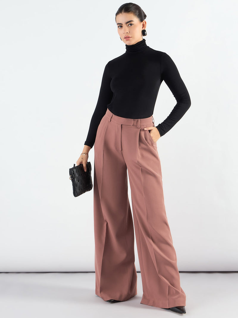 Dusty Peach Classic High-Waisted Wide-Leg Trousers in Stretch Fabric, Relaxed Straight Fit