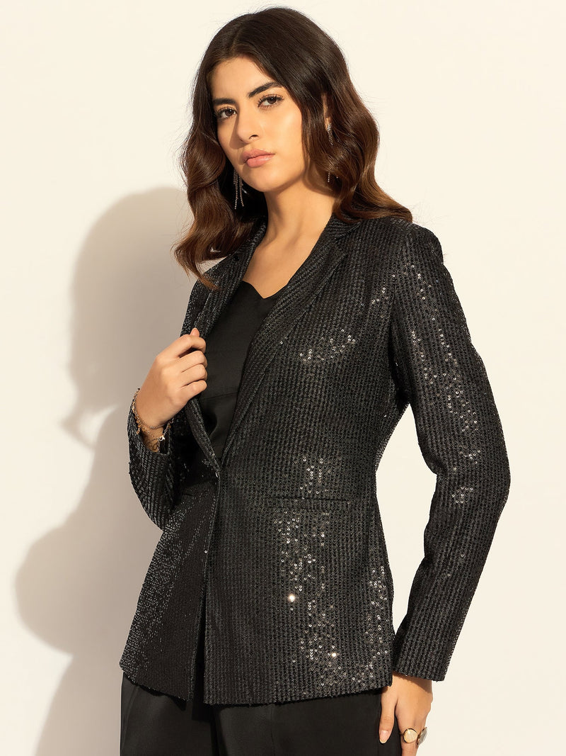 Black Sequined Single-Breasted Party Blazer In Stretchable Fabric