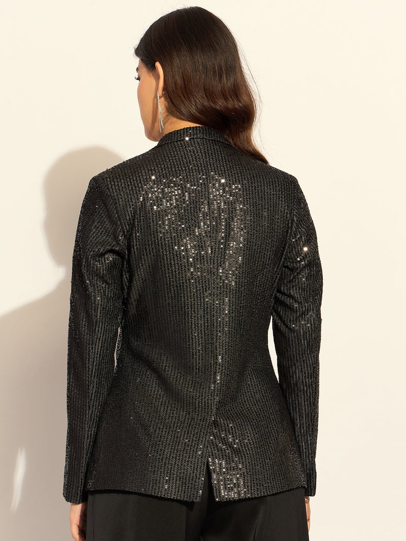 Black Sequined Single-Breasted Party Blazer In Stretchable Fabric