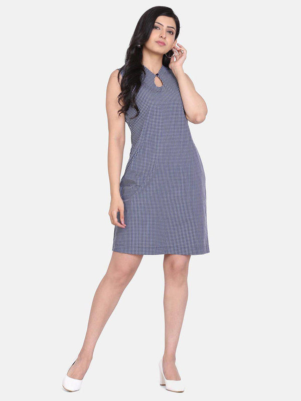 Gingham Check Cotton Shift Dress For Women - Blue and White