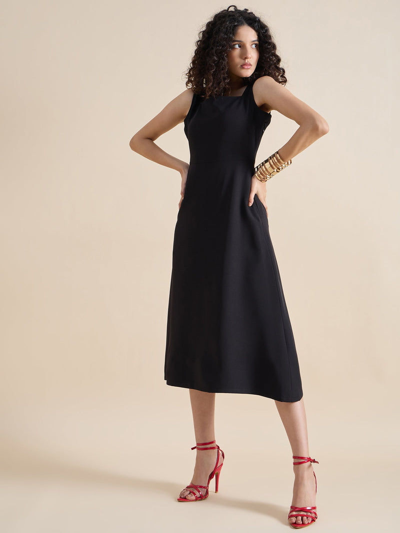 Classic square-neck sleeveless fit & flare midi dress