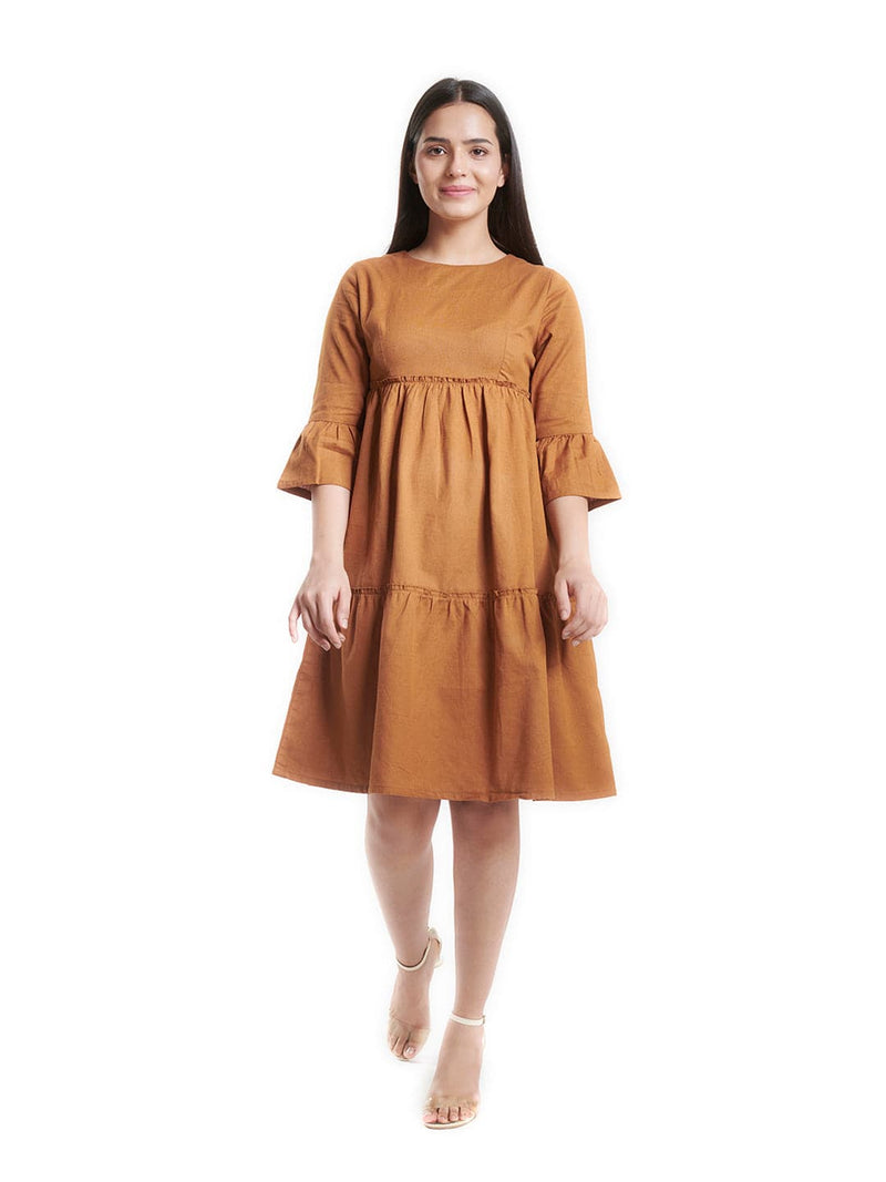 Cotton Tiered Dress For Women - Mustard Yellow