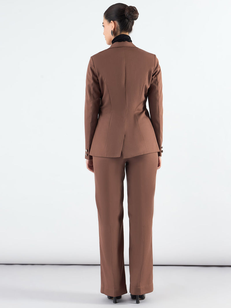 Brown Notched Lapel Blazer With High-Waist Trouser In Stretchable Fabric