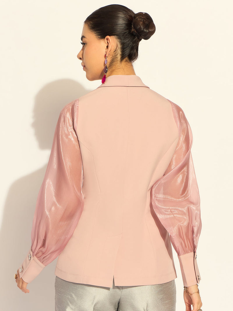 Pink Puffed-Sleeves Split Joint Lapel Top In Stretchable Fabric