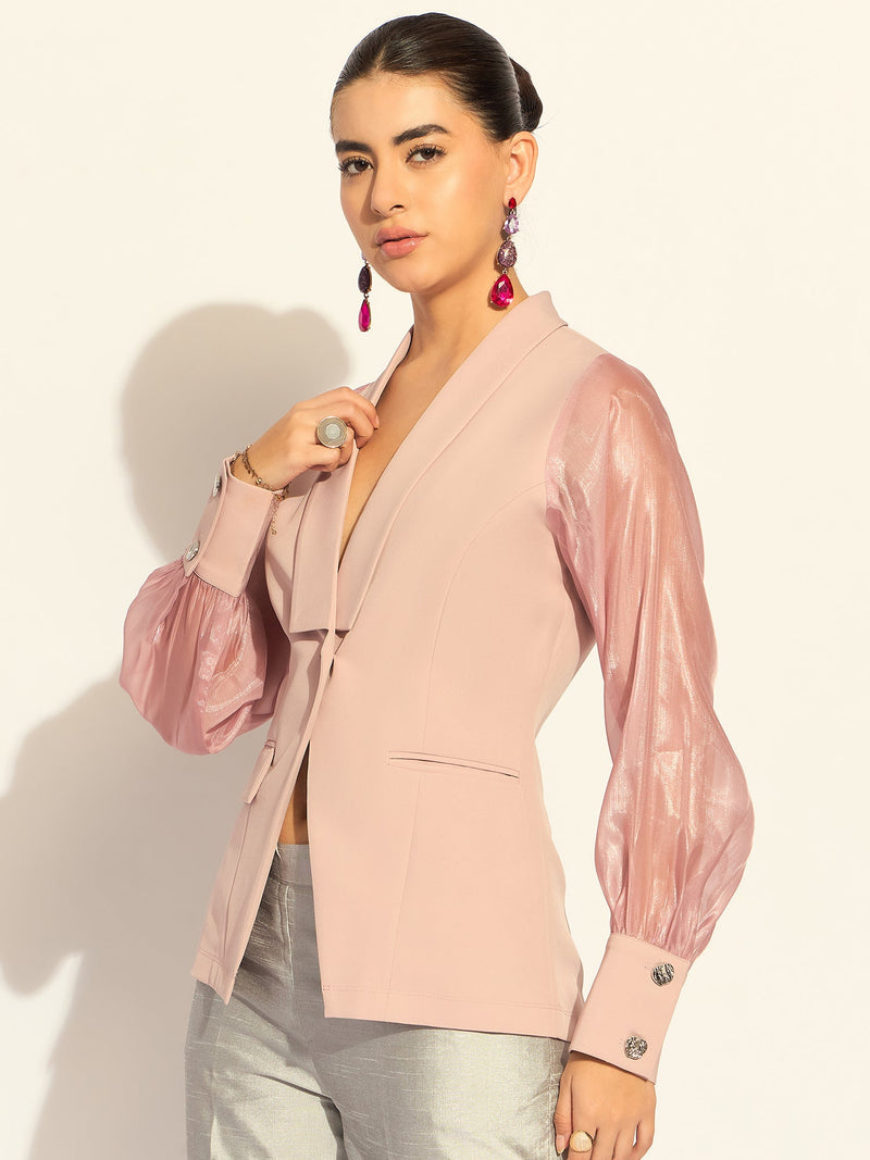 Pink Puffed-Sleeves Split Joint Lapel Top In Stretchable Fabric