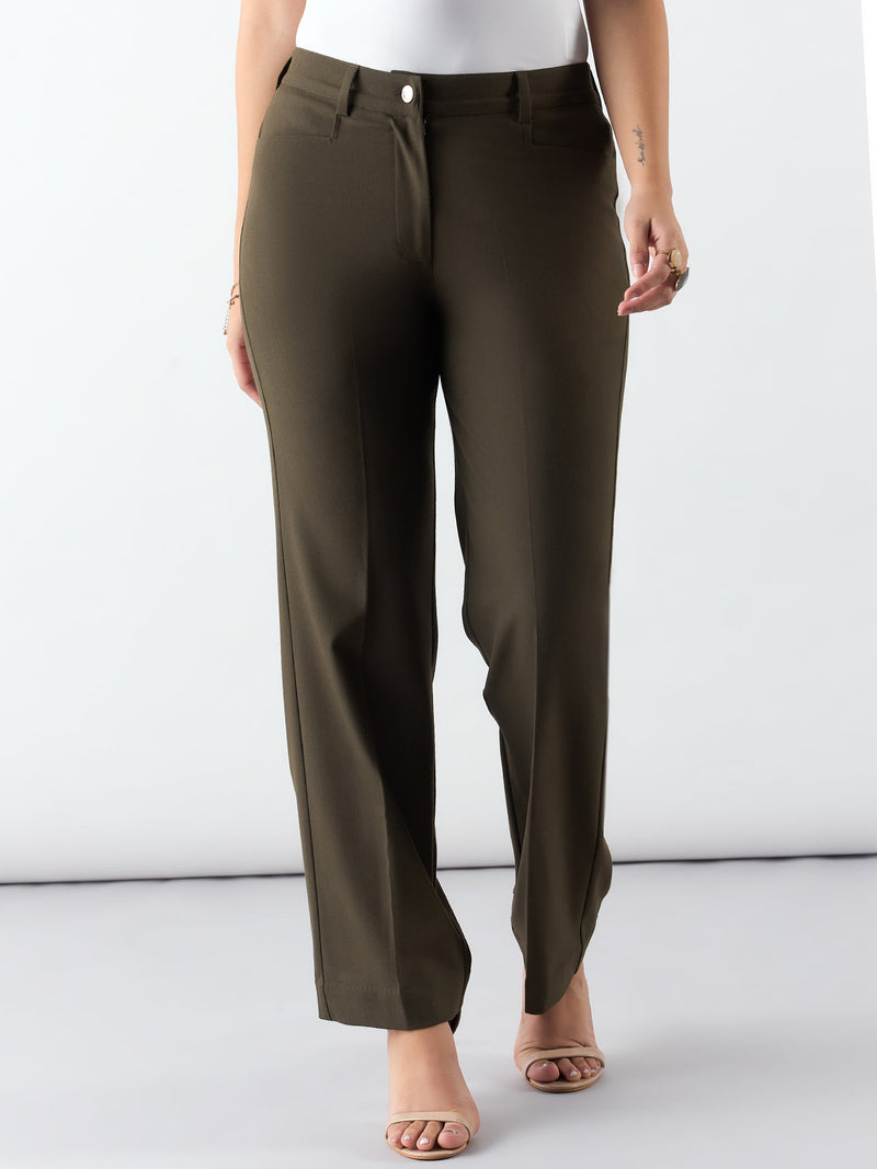 Olive Regular Fit Mid Waist Trouser In 4-Way Stretch Fabric